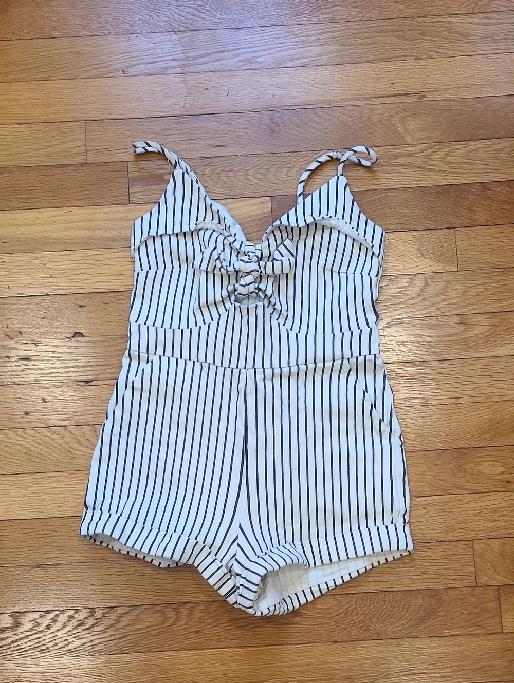 White and Black Striped  Romper with Front Knot
